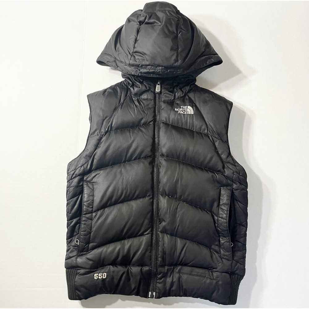 The North Face 550 Down Puffer Vest Womens Small Black Hooded Quilted Gorpcore